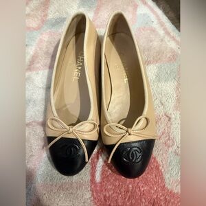 Chanel beige tan ballet leather flats Authentic